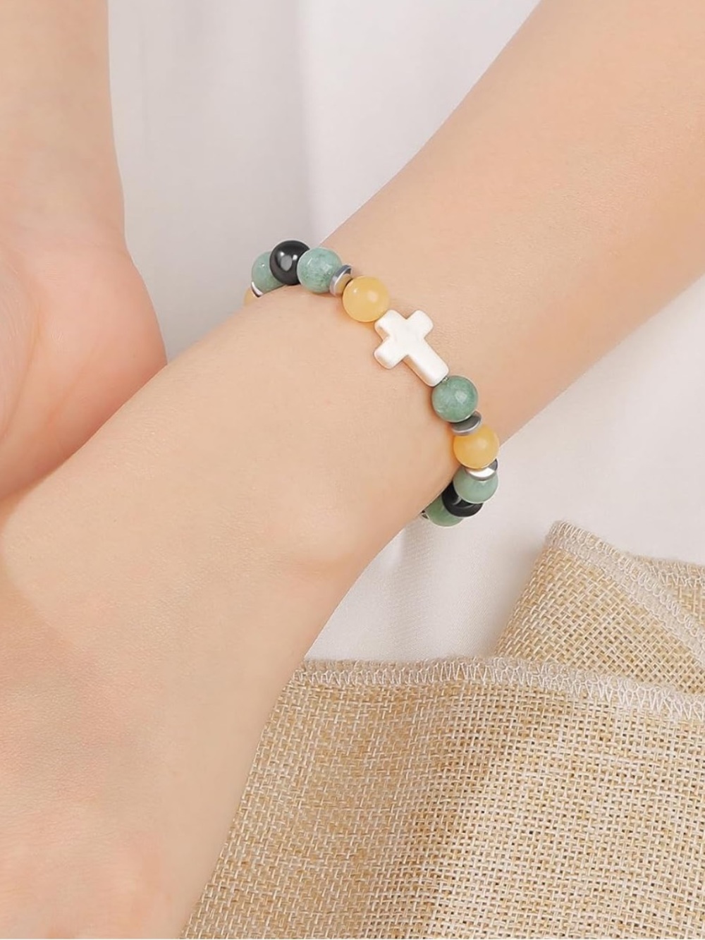#2636**Beaded Cross Stretch Bracelet in Green, Yellow, Grey Tone